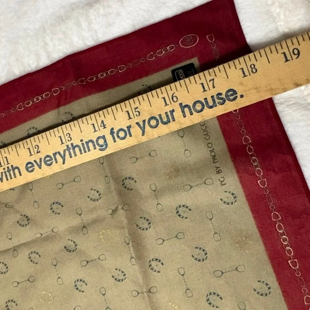 Vtg PAOLO GUCCI Scarf Handkerchief Equestrian Cotton Tan Burgundy 18